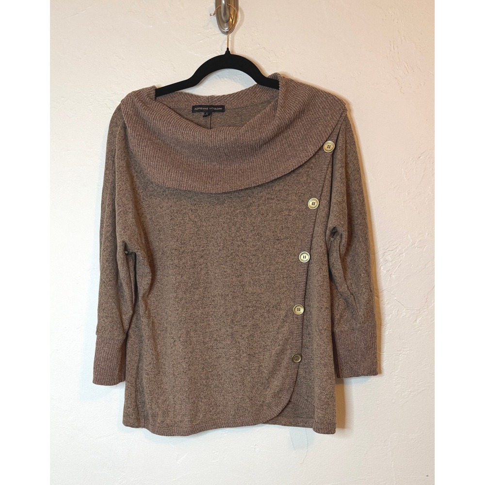 Adrienne Vittadini Sweater L Brown Asymmetric Button Cowl Neck L